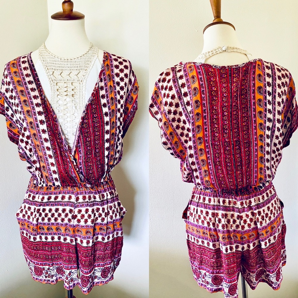 Angie Red & Pink Floral Print Deep V Cut Romper